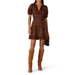 Ulla Johnson Mariana Brown Leopard Animal Print Puff Sleeve A-Line Mini Dress 2
